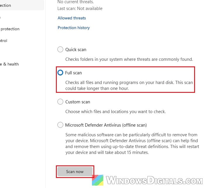 Run full virus scan Windows 11 Microsoft Defender