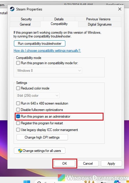 Run game as administrator Compatibility tab Windows 11