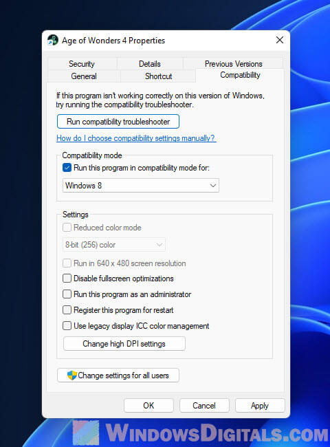 Run game in compatibility mode Windows 11
