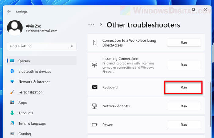 Run keyboard troubleshooter Windows 11