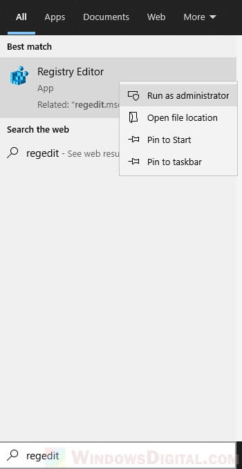 Run regedit Registry Editor as administrator Windows 10