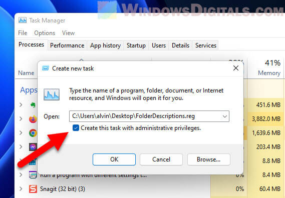 Run registry files as administrator using Task Manager