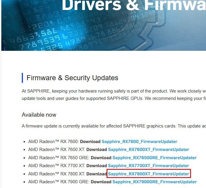 Sapphire Firmware and Security Updates RX 7000 download page