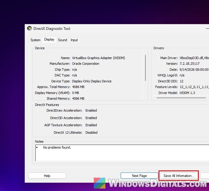 Save All Information in DirectX Diagnostic Tool Windows 11