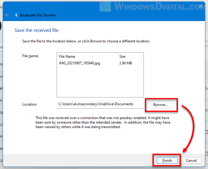 Save Bluetooth received file to PC