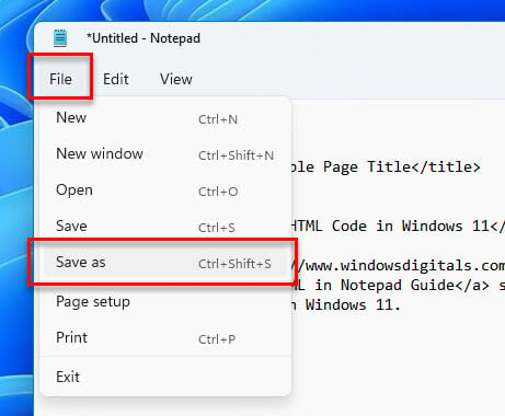 Save as HTML file Windows 11