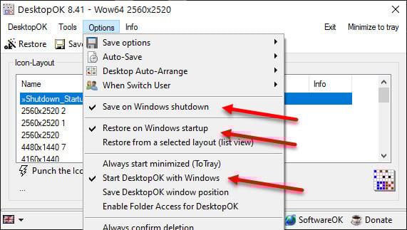 Save desktop icons on Shutdown and restore on startup Windows 10