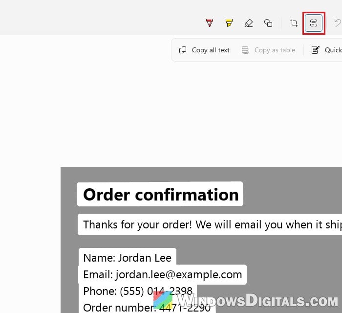 Scan text button in Snipping Tool Windows 11