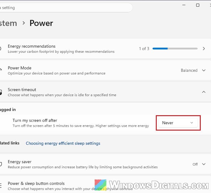 Screen timeout settings Power and battery Windows 11