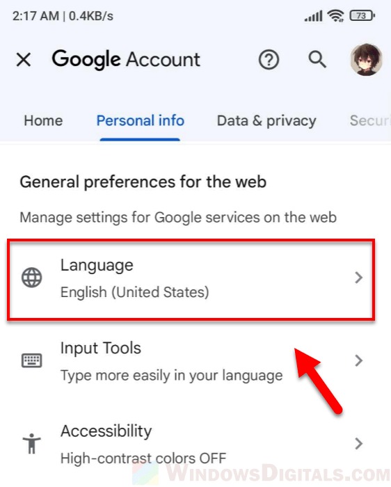 Scroll down and select language