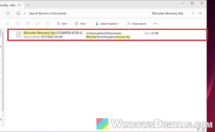 Search BitLocker Recovery Key text file File Explorer Windows 11