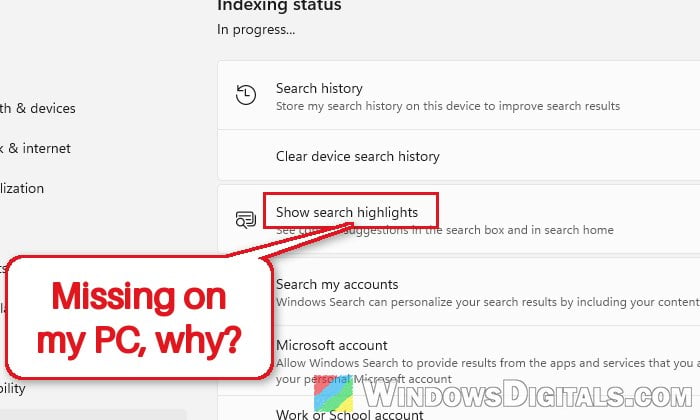 Search Highlights and "Show search highlights" Missing in Windows 11