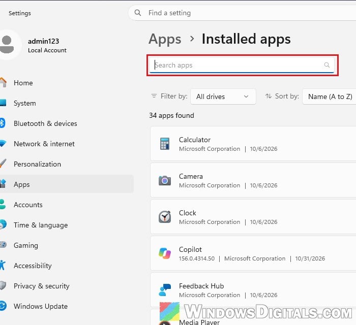 Search Installed apps Windows 11 to uninstall GiMATE