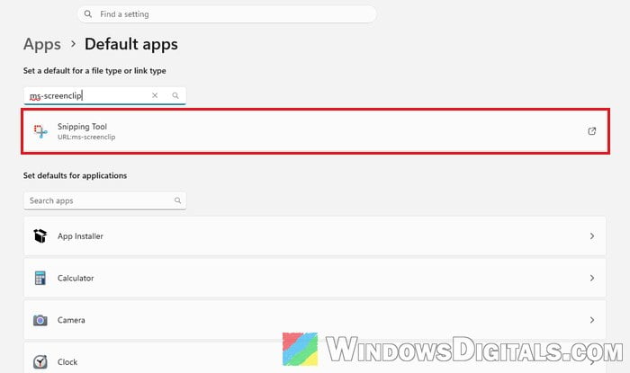 Search MS-SCREENCLIP in Default apps Windows 11