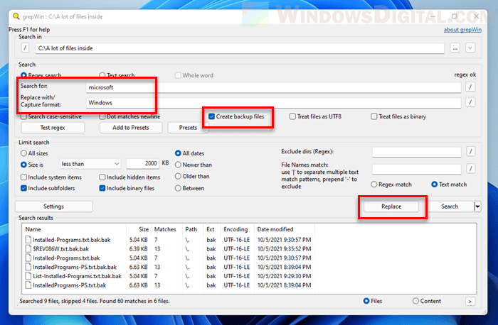 Search and replace text in files Windows 11