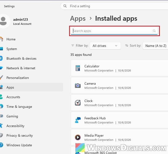 Search apps box in Installed apps Windows 11