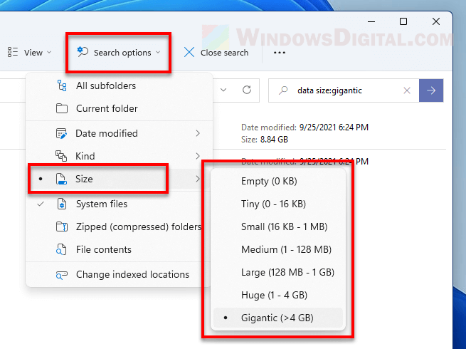 Cari file dengan ukuran Windows 11