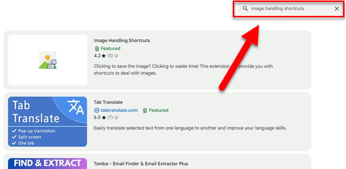 Search for save image as shortcut extension on Chrome