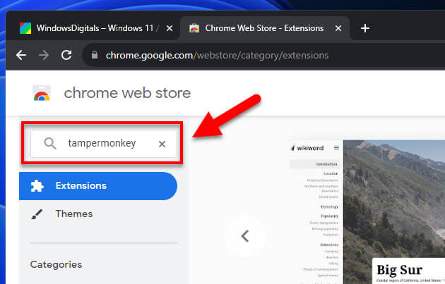 Search for tampermonkey extension in Chrome