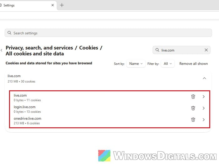 Search live.com cookies in Microsoft Edge site data