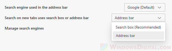 Search on new tabs uses search box or address bar Microsoft Edge