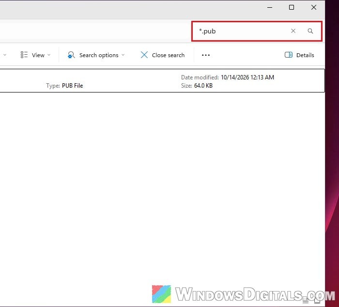 Search pub files in File Explorer Windows 11