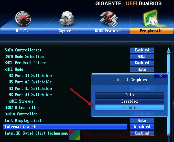 Enable integrated onboard graphics via BIOS UEFI