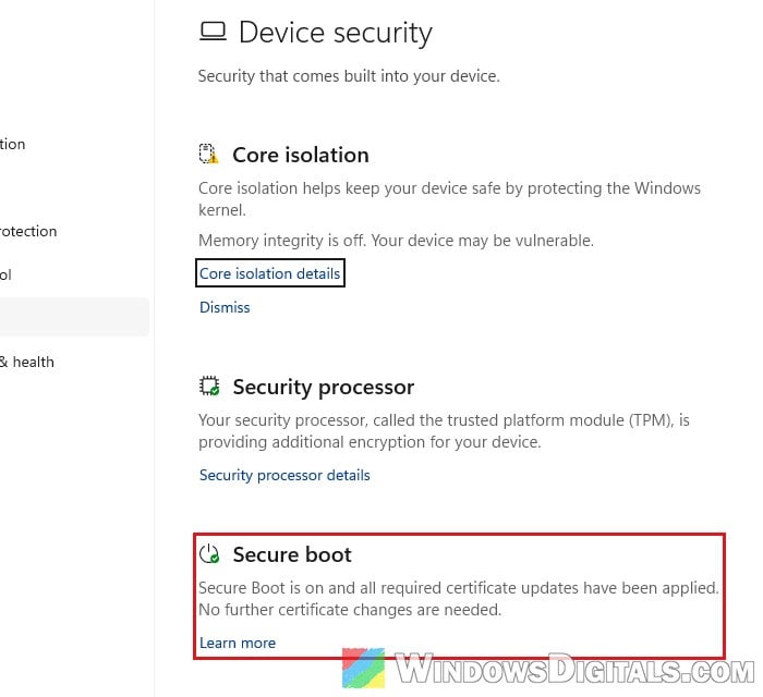 Secure Boot certificate status in Windows Security