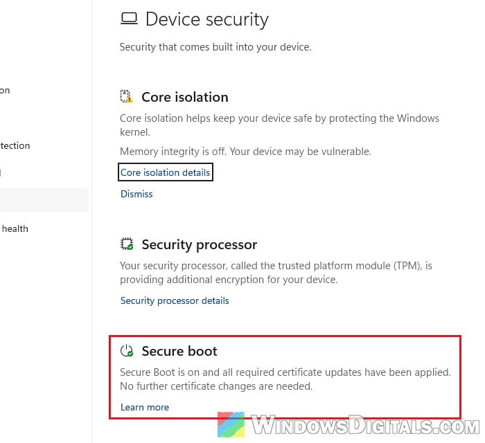 Secure boot certificate status in Windows Security Windows 11