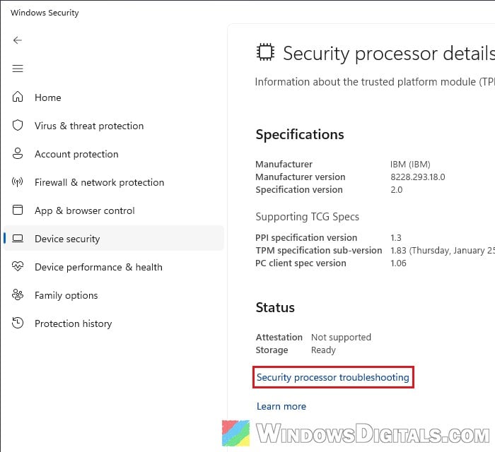 Security processor details Device security Windows 11