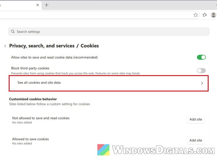 See all cookies and site data in Microsoft Edge settings
