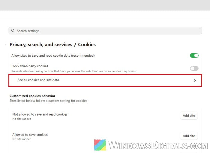 See all cookies and site data in Microsoft Edge settings