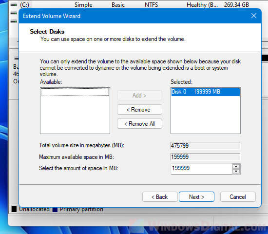 Select Disks Extend Volume Windows 11