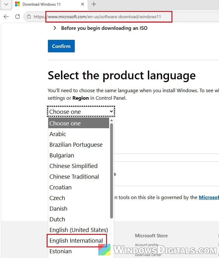 Select English International Windows 11 ISO language