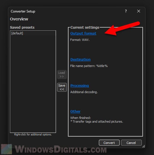 Select Output format for audio conversion