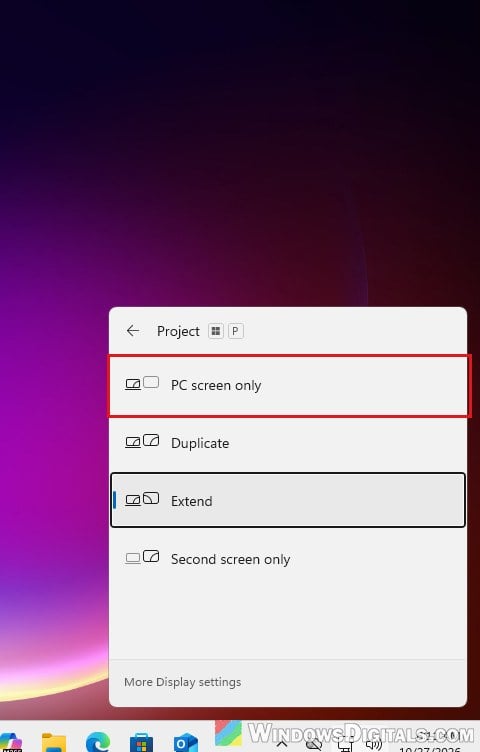 Select PC screen only in Windows 11 Project panel