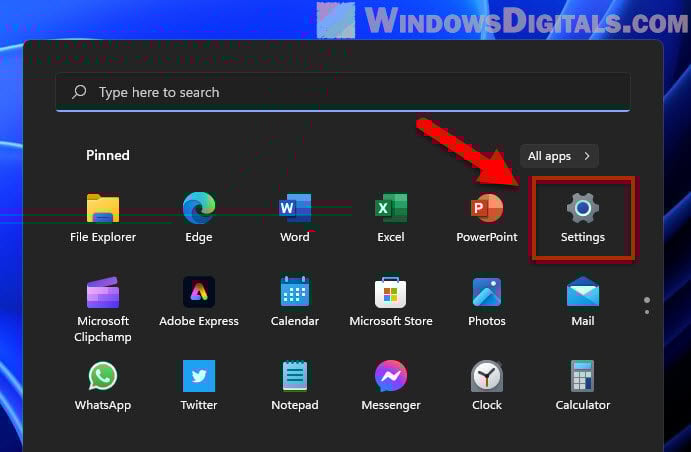 Select Settings from Start Menu Windows 11