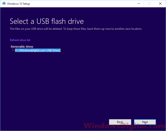 Select a USB flash drive in media creation tool Windows 10 digital download