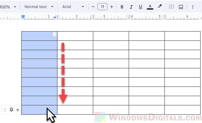 Select a table column in Google Docs