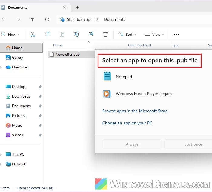 Select an app to open this pub file Windows 11