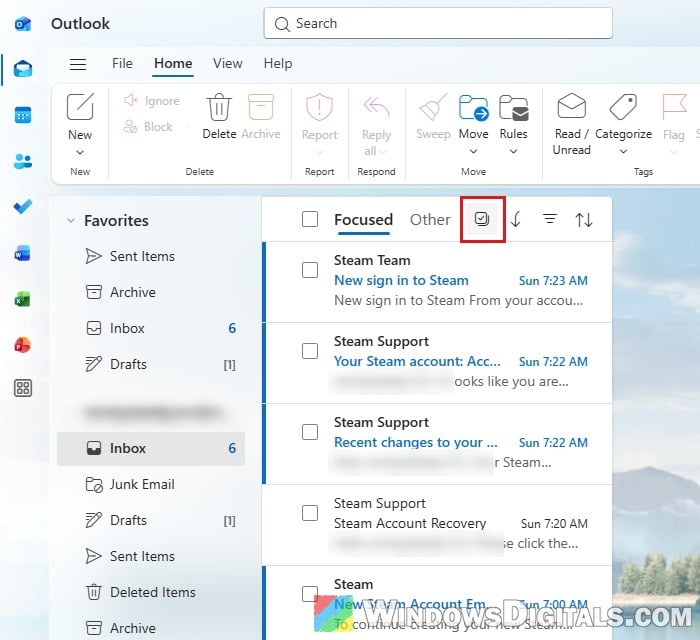 Select button above message list in new Outlook
