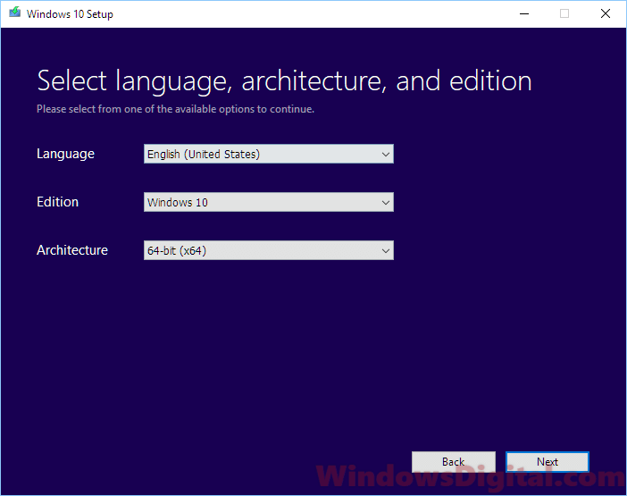 Select language architecture and edition Windows 10 digital download