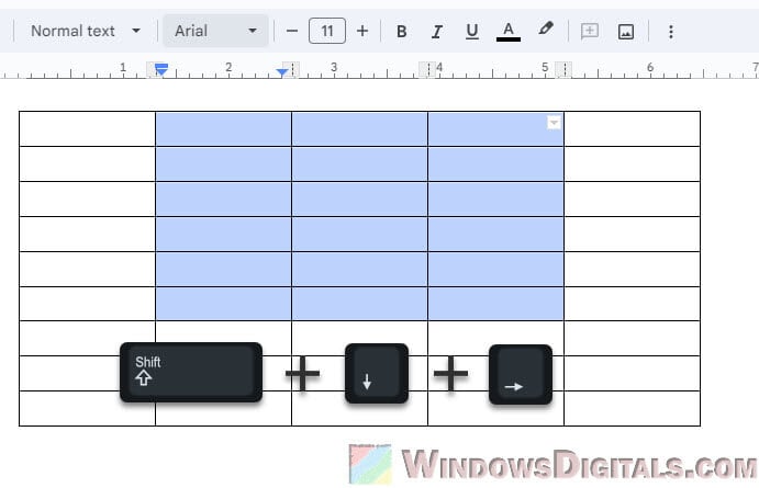 Select multiple table cells in Google Docs