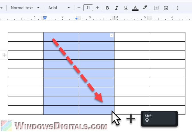 Select multiple table columns in Google Docs