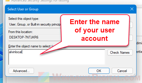 Pilih pengguna atau grup masukkan nama objek Windows 11
