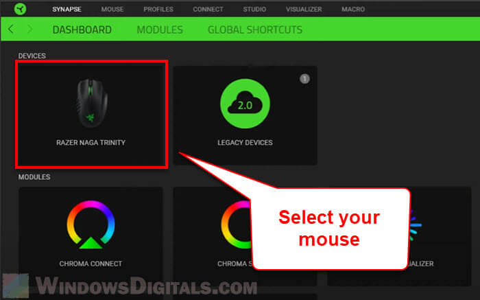 Select your mouse in Razer Synapse