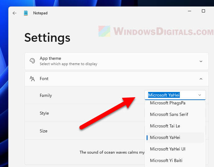 Selecting Chinese font family in Windows 11 Notepad