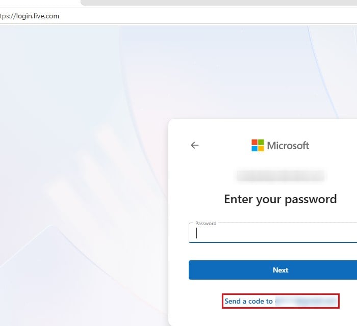 Send a code instead of password Microsoft account sign-in page