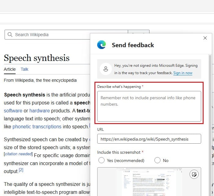Send feedback to Microsoft from Edge