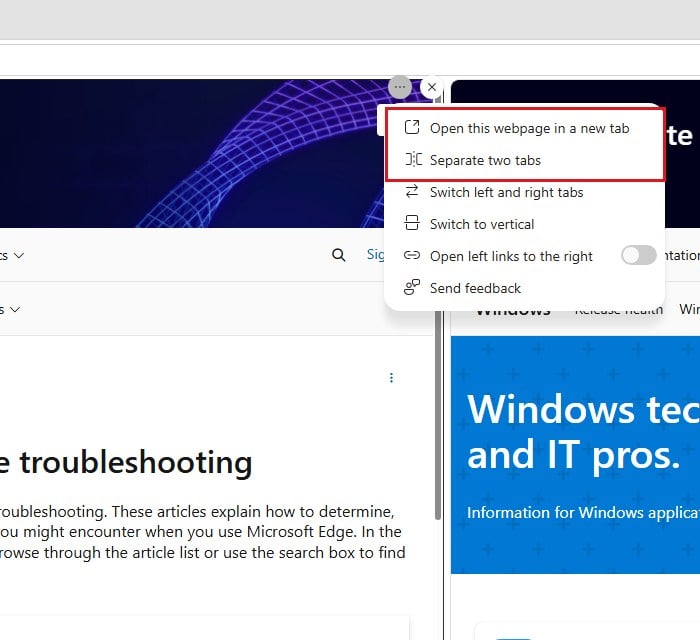 Separate two tabs in Microsoft Edge split screen